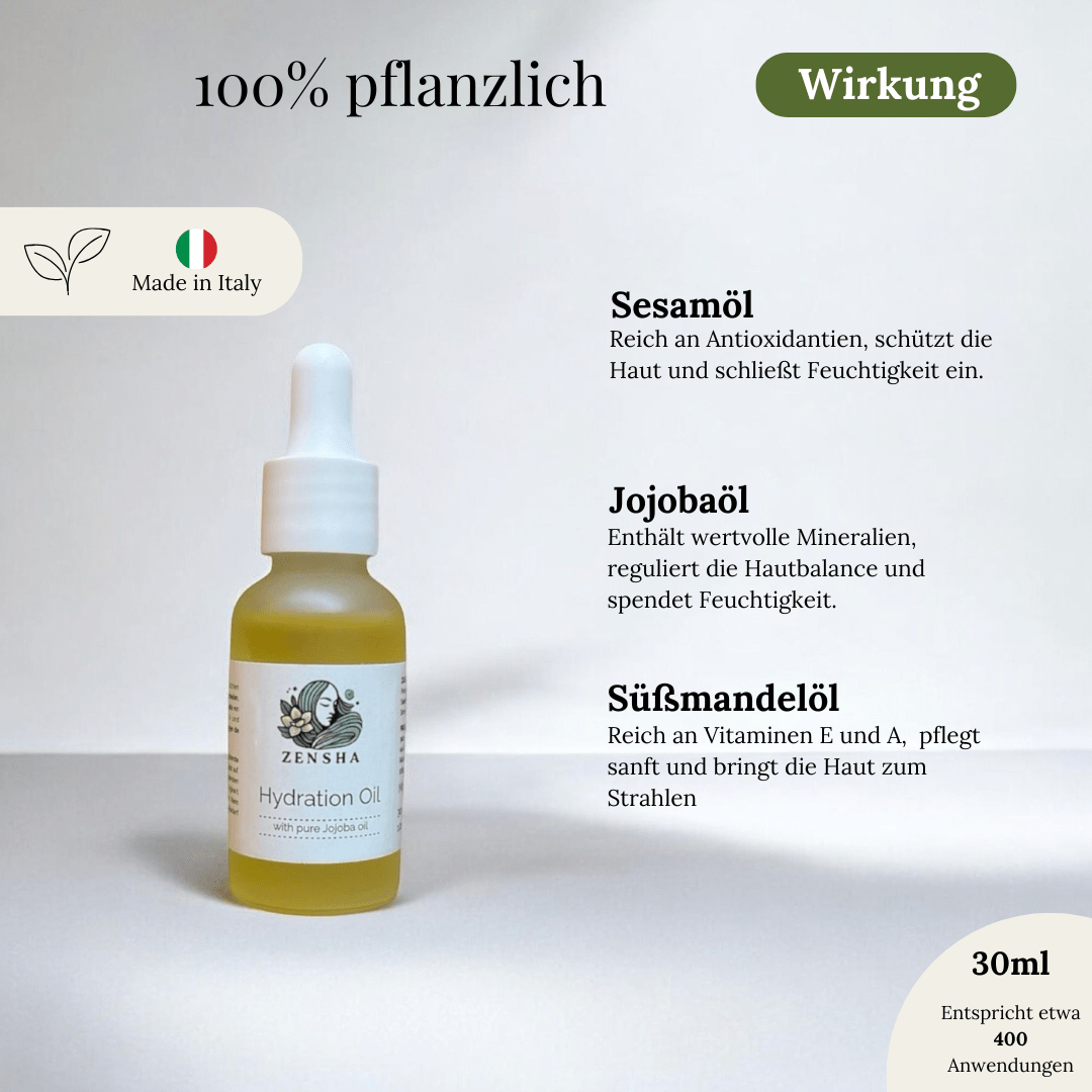 A Fact sheet of a face oil with sesam oil, sweet almonds oil and jojoba oil as ingredients
