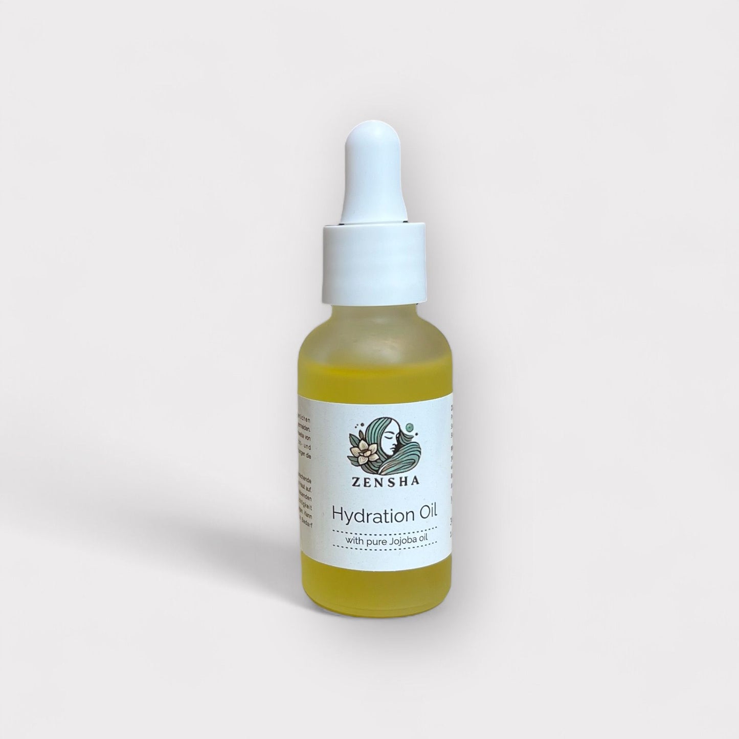 Produktbild eines 30ml Feuchtigkeitsöls in einem Glasfläschchen, stehend vor weißem Hintergrund.