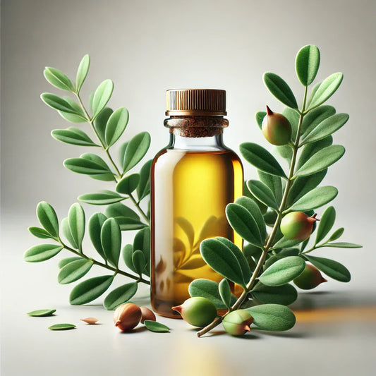 Bild einer Glasflasche mit Öl als Inhalt. Die Flasche ist umgeben von der Simmondsia chinensis Pflanze