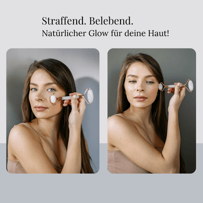Collage of pictures of a woman using a jade roller