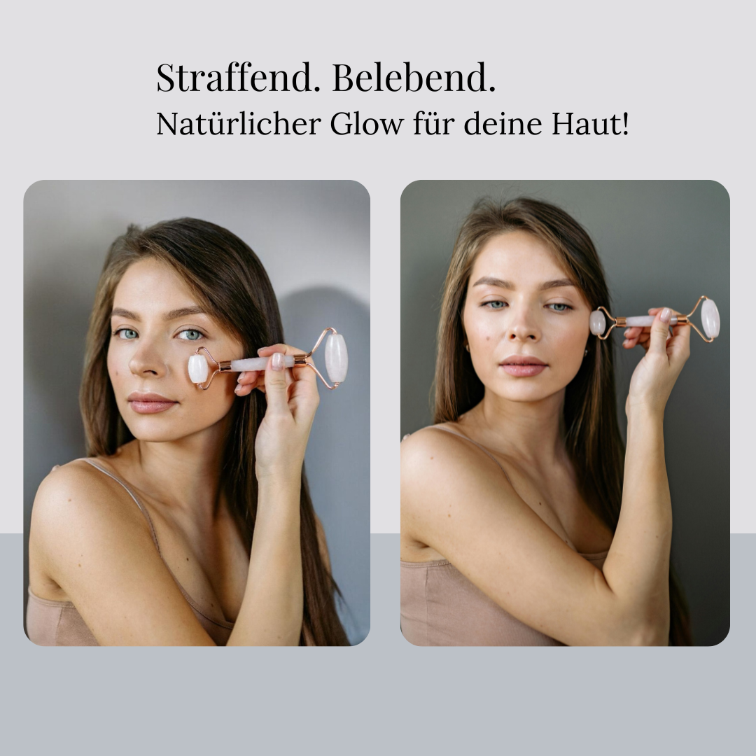Collage aus zwei Bildern einer Frau, die einen Jade-Roller auf grauem Hintergrund im Gesicht anwendet. 